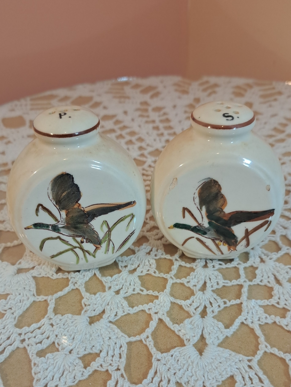Hand-Painted Ceramic Duck Salt and Pepper Shakers - Cream